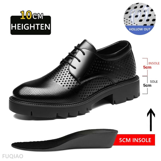 Summer Hollow Out Breathable Men Height Increasing Oxford Shoes 8/10CM Formal Business Dress Wedding Party Elevated Leather Shoe