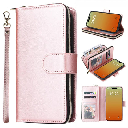 Double Layer Zipper Wallet Case with 9 Card Slots for iPhone 16 16E Pro Max 15 14 Plus13 12 Pro Max PU Leather Flip Cover