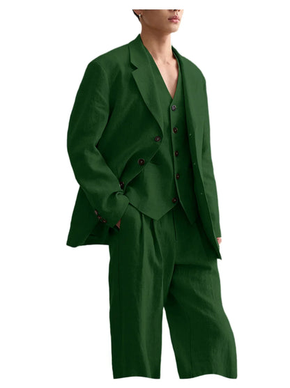 Men's Linen Suit Classic Notch Lapel 3 piece(Blazer+Vest+Pants)Breathable Wide Leg Trousers for Groom Spring Summer Party