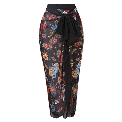 S - XXL Printed Long Sleeve With Sarong One Piece Swimsuit Women Swimwear Female Flowers Padded Bather Bathing Suit Swim V7181