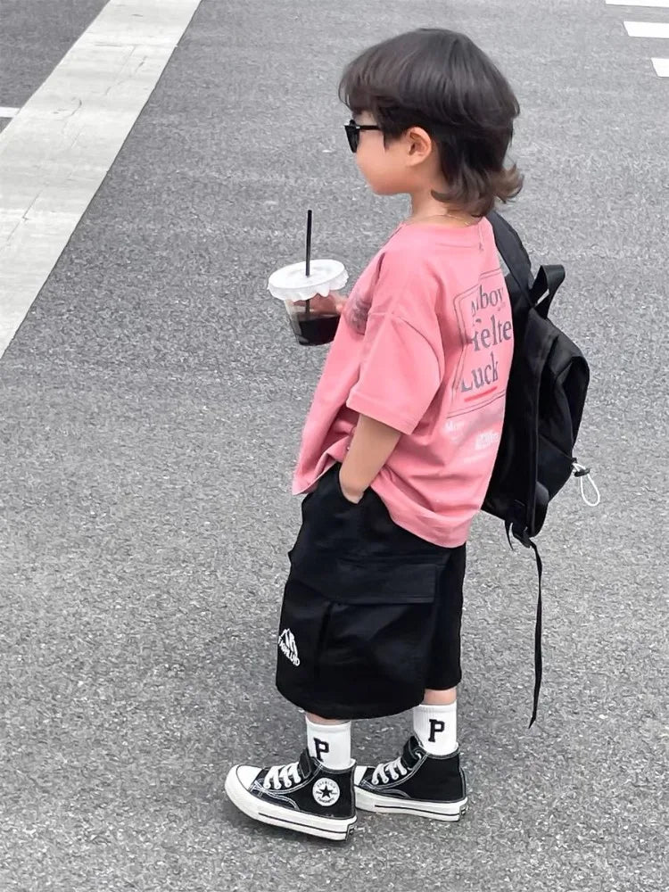 Japanese Style Boys 100% Pure Cotton T-Shirt 2026 Summer Kids Loose Comfortable Trendy Top