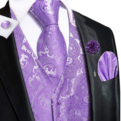 Navy Blue Mens Silk Vests Business Paisley V-Necl Waistcoat Tie Hanky Cufflinks Brooch Set for Men Suit Wedding Formal Hi-Tie