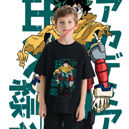 Kids Cotton Tshirt Mha Midoriya Print Anime Cartoon Tops for Boys Girls 100-160cm Casual Tee Children Clothing