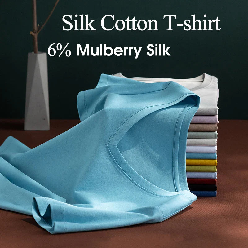 6% Real Silk Cotton Modal Women's T-shirt 2026 Summer Tees Short Sleeve Solid Tee Shirts V-neck Casual Woman Basic T shirt Tops