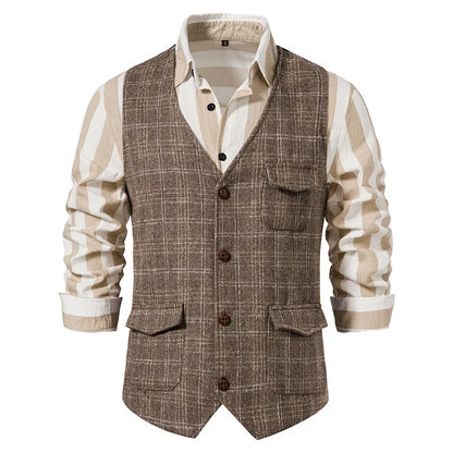 Suit Vest Men British Style Plaid Single-breasted Pocket Man Waistcoat Business Casual Slim Sleeveless Male Vest