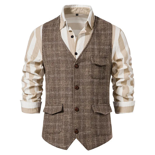 Suit Vest Men British Style Plaid Single-breasted Pocket Man Waistcoat Business Casual Slim Sleeveless Male Vest