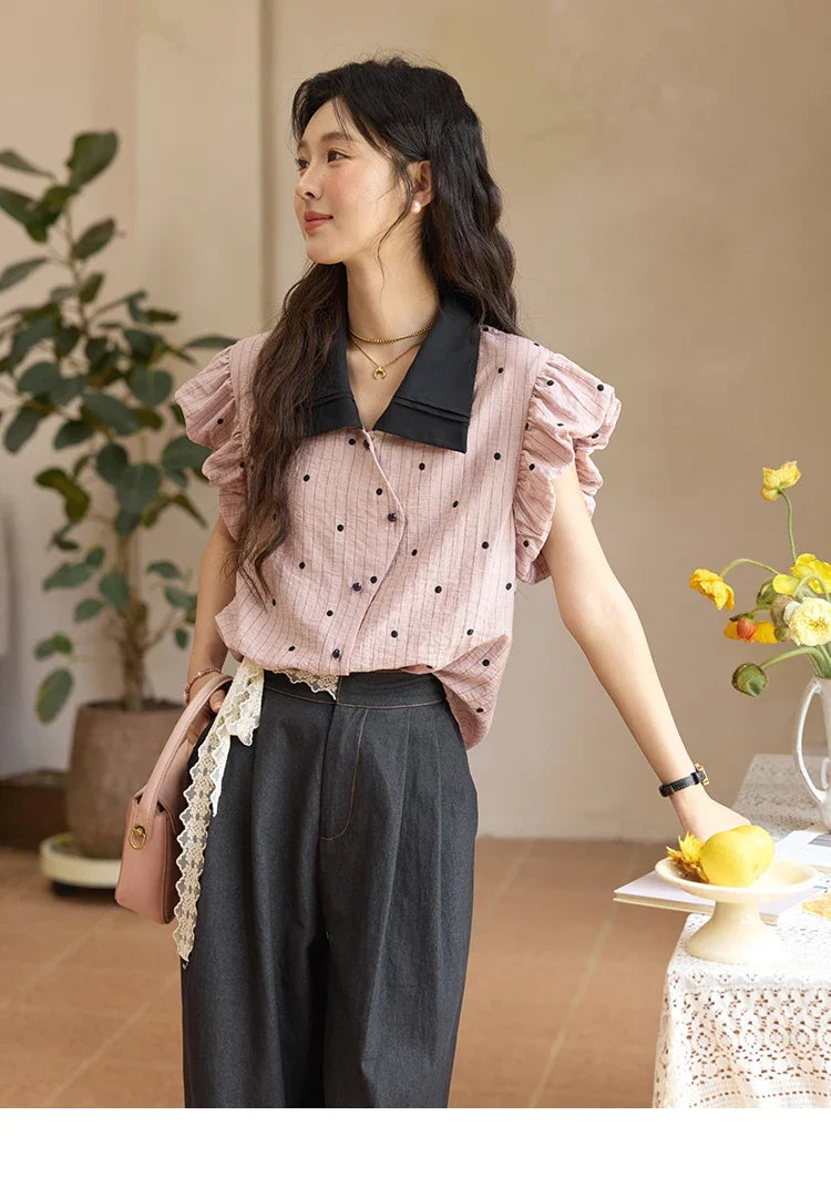 Summer Office Lady Blouses Women 2025 Short Sleeve Turn-down Collar Polka Dot Shirts Female Fashion Slim Tops MXE31C0776