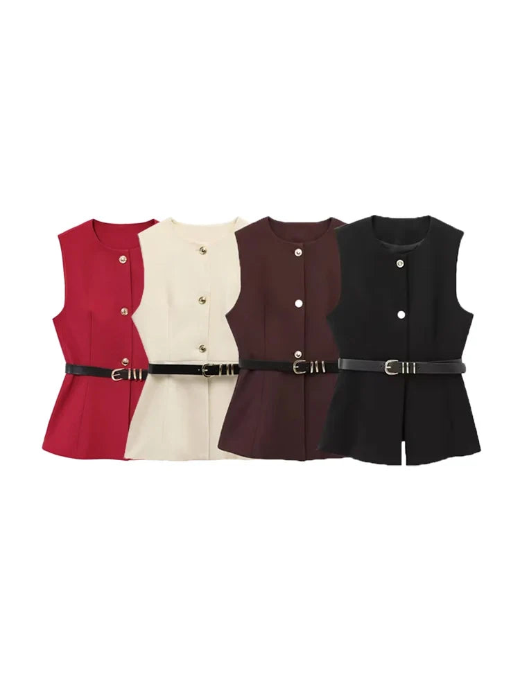 Women's Long Waistcoat with Belt, Front Gold Button, O Neck Sleeveless Vest, Female Outerwear, Chic Tops, Fashion
