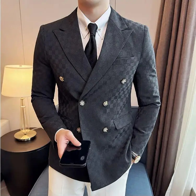 6 Color Luxury Double Breasted Blazers Coats 2024 New Fashion Checkered Business Slim Fit Social   Formal Suit Jacket 5XL-M