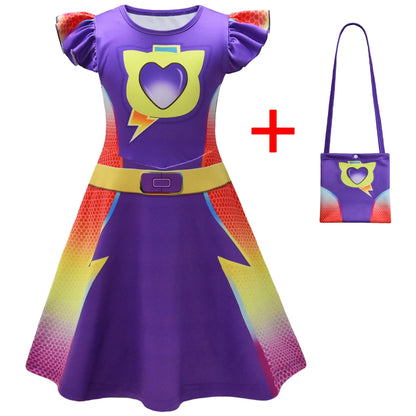 Children's SuperKitties Dresses Super Kitties Cosplay Costume Girls Flying Sleeves A-Line Dress Bag Mask Carnival Birthday Gift
