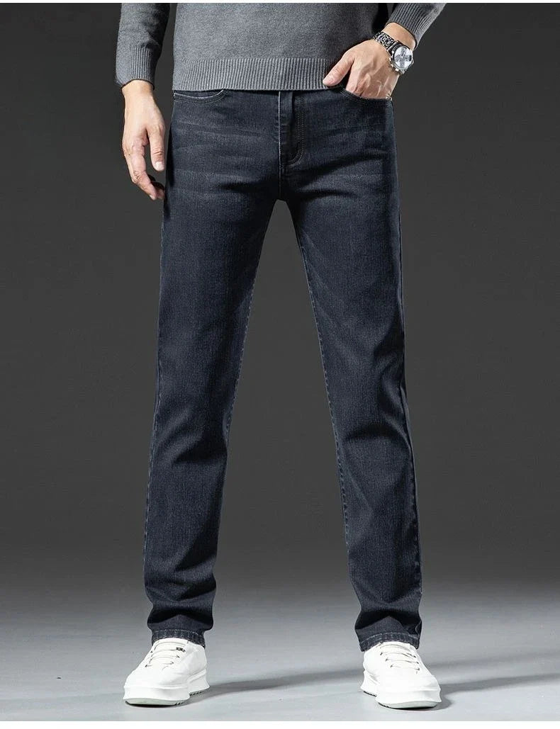 Winter Warm Men's Jeans Fleece Thickened Elastic Smoke Gray Black Business Straight Casual Denim Pants Brand Man PlushClothes