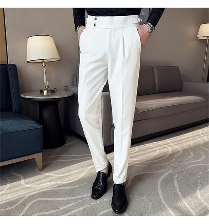 Pure Color Male Business Wedding Dress Pants Fashion Unique Design Men Waist Adjustable Suit Pant No Belt Slim Trousers Homme