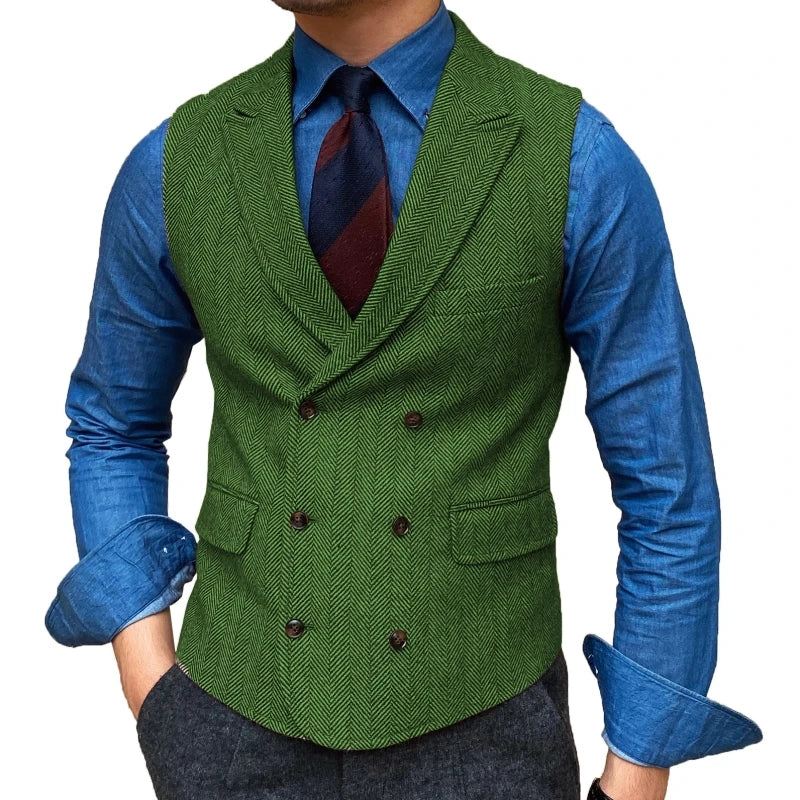 Men Vest Brown Herringbone With Lapel Waistcoat Vintage Regular Slim Business Banquet Business Casual Men Suit Vest