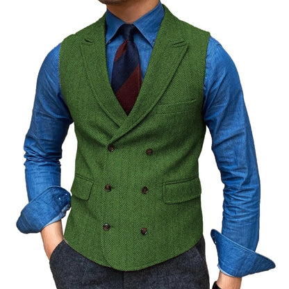 Men Vest Brown Herringbone With Lapel Waistcoat Vintage Regular Slim Business Banquet Business Casual Men Suit Vest