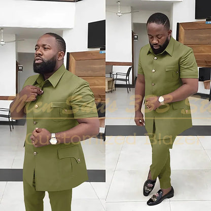 Summer Men's Suits Solid Color Short Sleeve Single Breasted Stand Lapel Casual Outfits 2 Piece Jacket Pants Set Slim Fit Terno