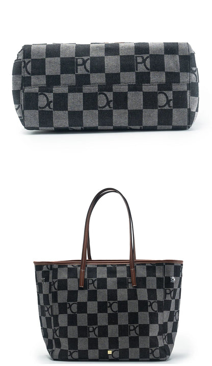 Lady Shoulder Bag Denim Checkerboard Design Light Luxury Large Capacity Simple Trendy Cool Texture Daily Commute Handbag