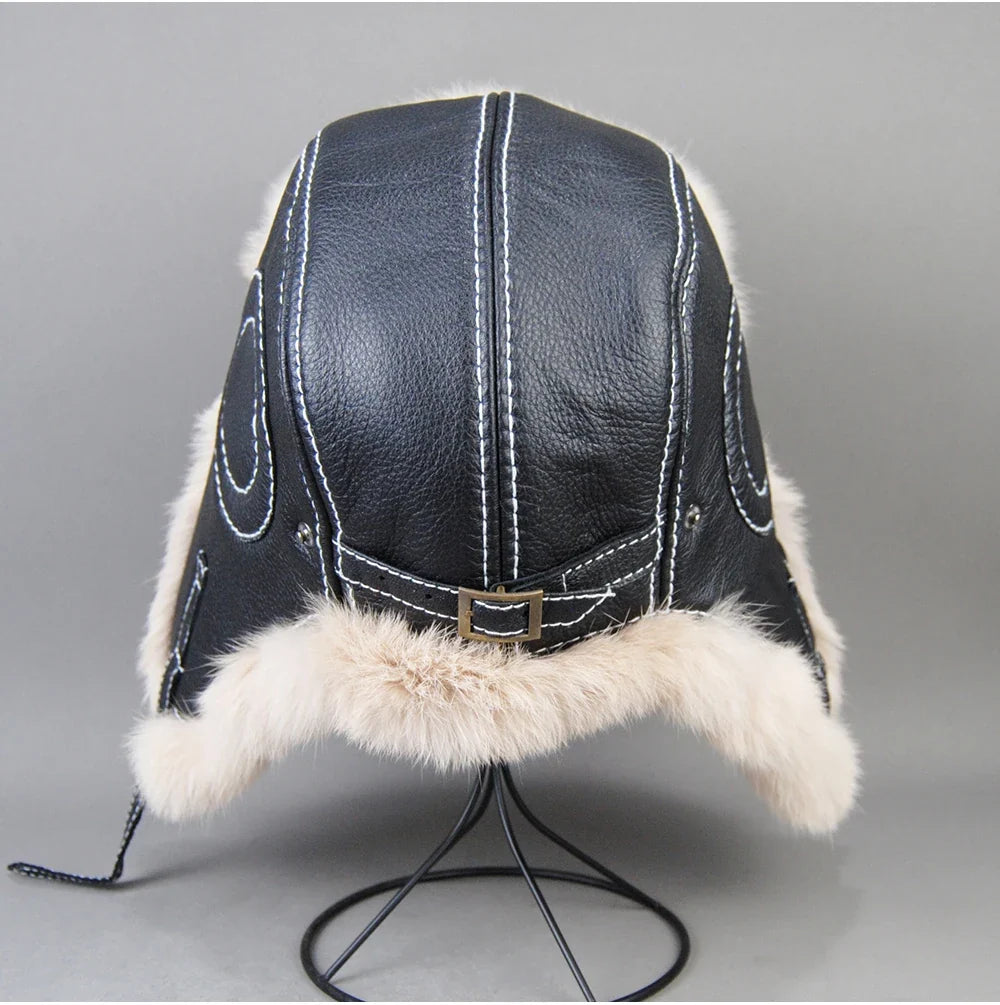 2026 Fashion Men's 100% Natural Rabbit Fur Bomber Hats Winter Russian Man Warm Real Sheepskin Leather Hat Male Real Fur Caps