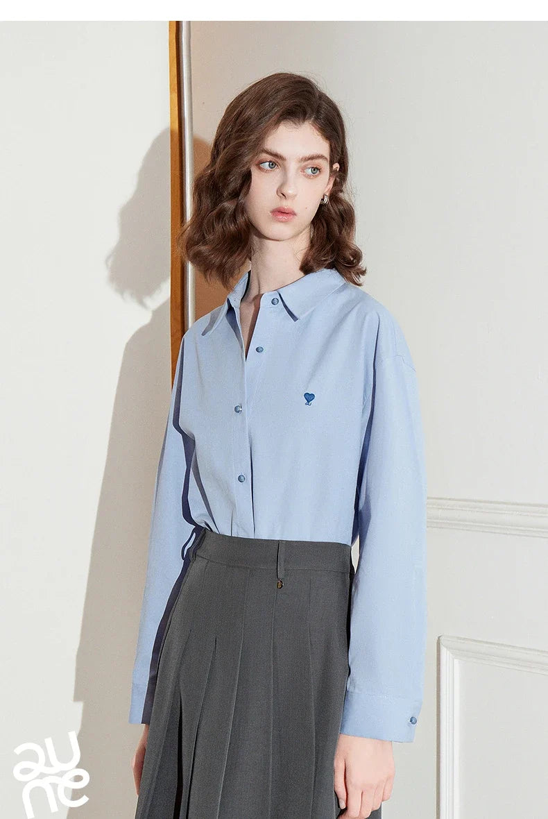 Women Blouse Shirt 2025 Spring New Love Embroidered Simple and Versatile Solid Color Pure Cotton Shirt Tops