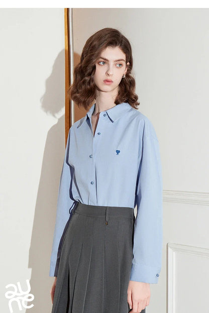 Women Blouse Shirt 2025 Spring New Love Embroidered Simple and Versatile Solid Color Pure Cotton Shirt Tops