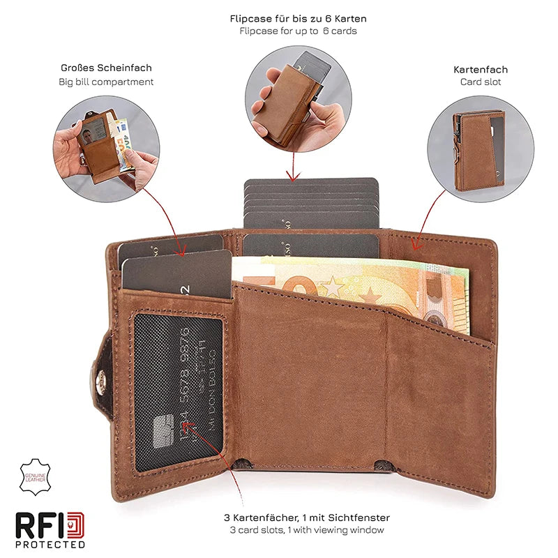 Porte-cartes Pop-Up avec protection RFID en cuir véritable Portefeuille avec compartiment pour billets et pièces de monnaie pour hommes et femmes