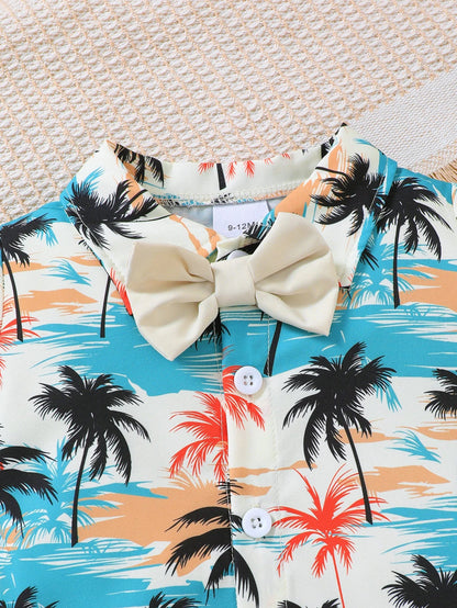 2-Piece Baby Boy Shorts Set Coconut Tree Pattern Short Sleeve And Overalls Summer Fashion Outfit for Infants