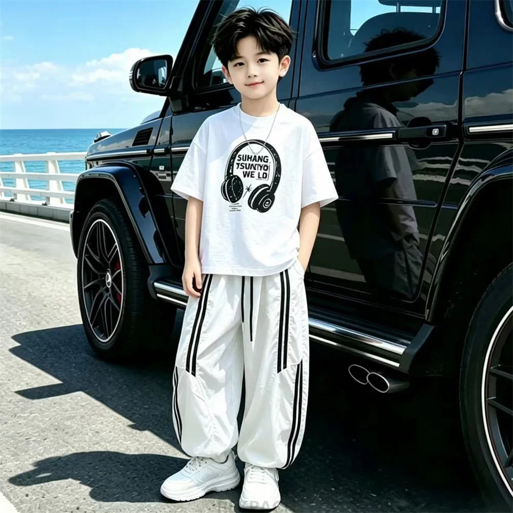 Street Style Children Luxury Summer Outfit Top And Bottom Set for Teen Boys T-shirt Pants Suit Kids Fashion Streetwear Clothes