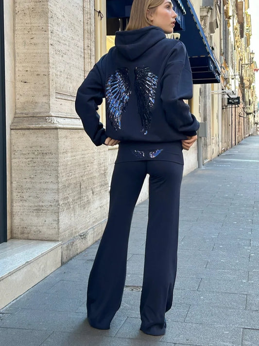 Female Sequined Wing Print Pattern Hoodie Autumn Fashion Classical Hooded Sweatshirt 2025 Loose Elegant Versatile Warm Pullover