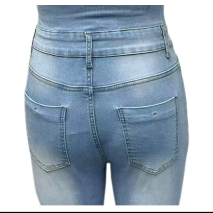 Women's High Waisted Elastic Jeans Vintage Hole Blue Tight Denim Trouser Basic Small Leg Jeans Elastic Tight Pants New