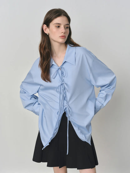 Autumn 2025 Women's French Inspired Blouse - Ruffle Trim Tie Front Loose Fit Shirt Collar Top Soft Blend Daily Wear