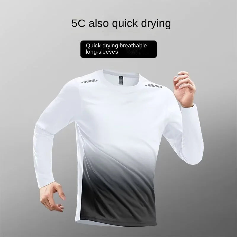 Trendy, simple, sunscreen, breathable, quick drying clothes, long sleeved men's tight fitting clothes, running training, sports,