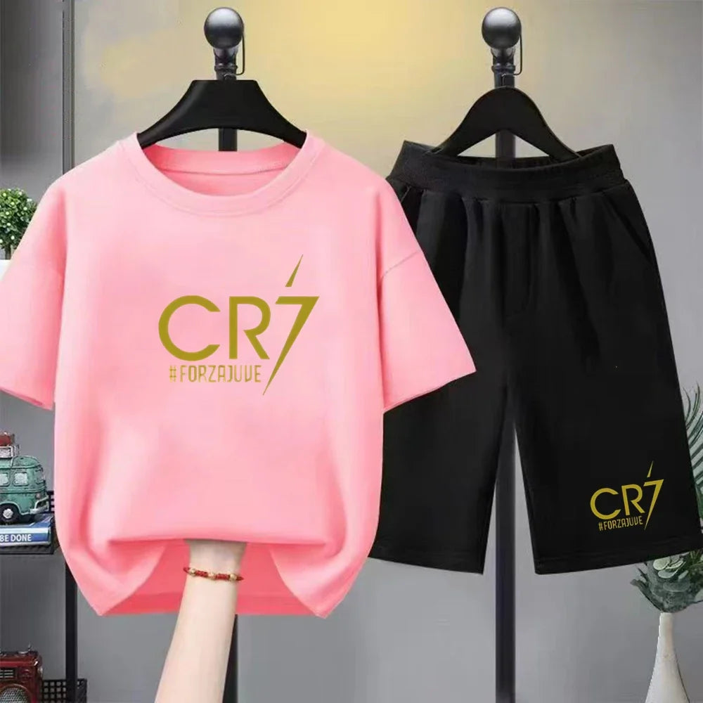 Children CR7 Printing Clothing Short-sleeved T-shirt+Shorts Cool Summer Clothes Boys Girls Toddler 3-12Yrs Football Sports Set