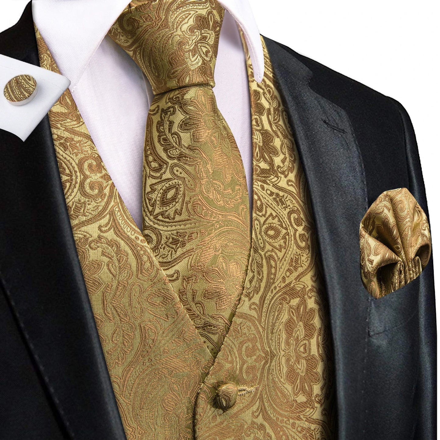 Men's Silk Vests Fashion Dark Green Floral Jacquard Handkerchief Cufflinks Necktie Sleeveless Wistcoat Sets Wedding Party
