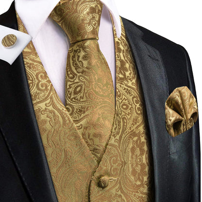 Men's Silk Vests Fashion Dark Green Floral Jacquard Handkerchief Cufflinks Necktie Sleeveless Wistcoat Sets Wedding Party