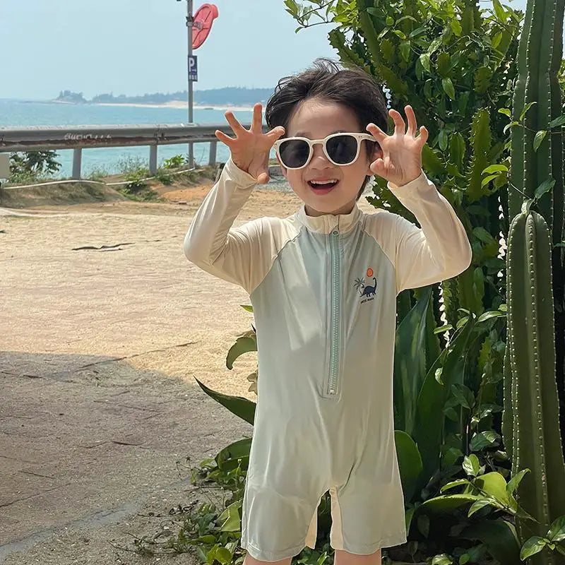 Summer Kids Swimwear Boys Beach Wear Plaid One-piece & Split Long Sleeve Boys Swimwear with Cap Sunscreen Baby Clothes