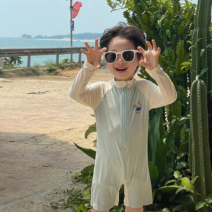 Summer Kids Swimwear Boys Beach Wear Plaid One-piece & Split Long Sleeve Boys Swimwear with Cap Sunscreen Baby Clothes