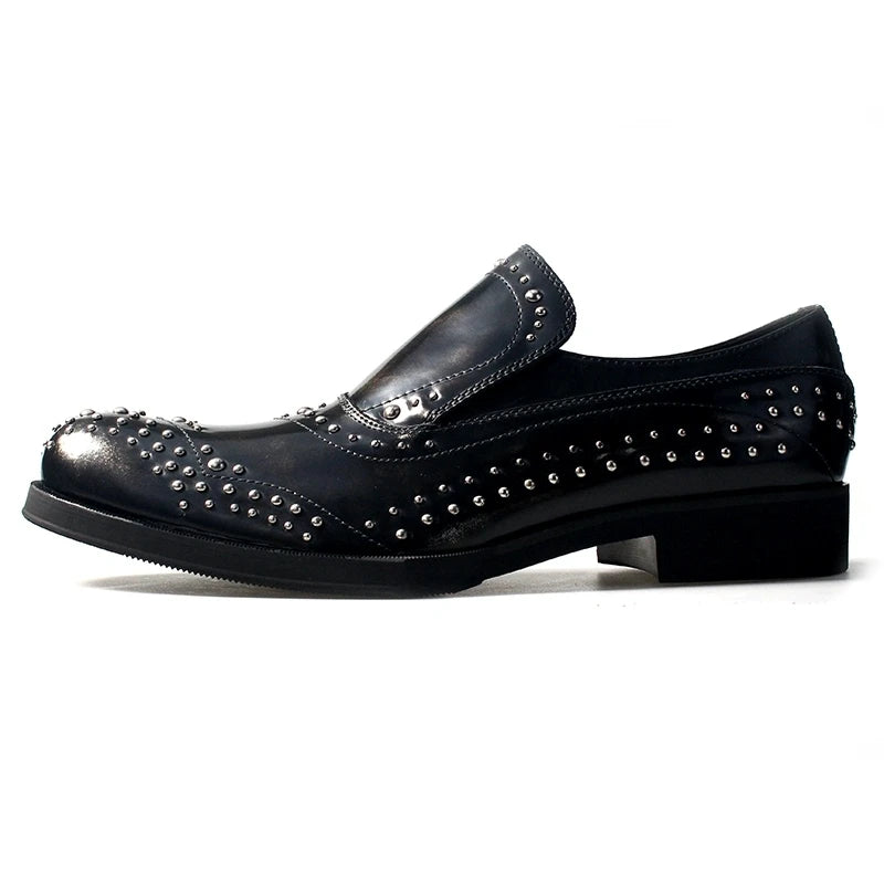 New Shaped Heel Fashion Rivets Leather Shoes Men Handmade Genuine Leather Dress Slip on Loafers Oxfords Office Male Shoes
