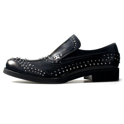 New Shaped Heel Fashion Rivets Leather Shoes Men Handmade Genuine Leather Dress Slip on Loafers Oxfords Office Male Shoes