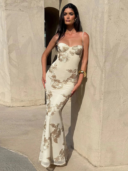 Elegant Flower Embroidery Maxi Dress Women Low-Neck Cross Bandage Backless Summer Street Trend Skinny Holiday Vestidos