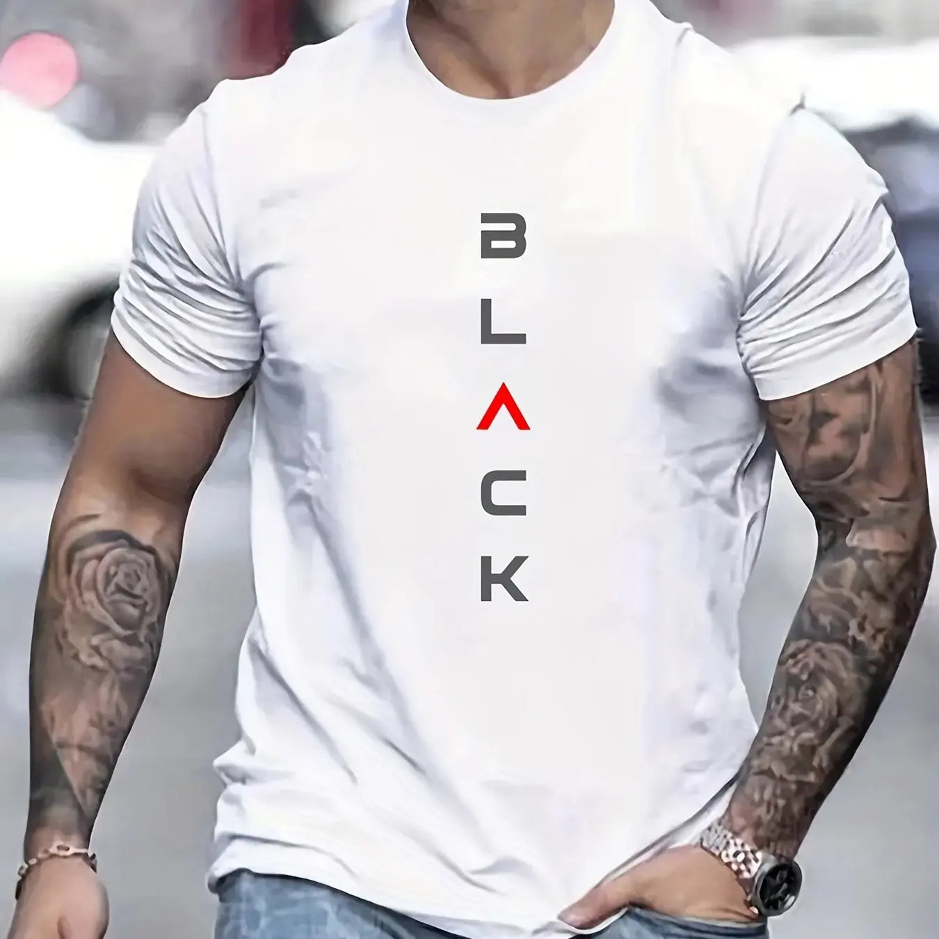 Men's Summer Casual Loose Size 100% Cotton Black Print Round Neck Short Sleeve T-shirt Top
