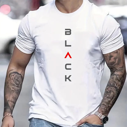 Men's Summer Casual Loose Size 100% Cotton Black Print Round Neck Short Sleeve T-shirt Top
