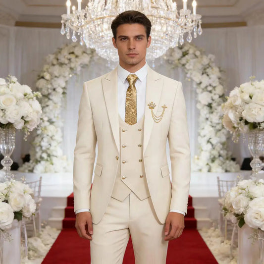 Men's 3-Piece Suit Set Classic One Gold Button Slim Fit Blazer Vest Pants Formal Business Wedding Wear
