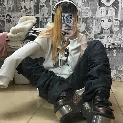 Goth Lolita Black Pants Casual Flare Stacked Jeans Women Stretchy High Waist Trousers 2000s Y2K Grunge Emo Streetwear