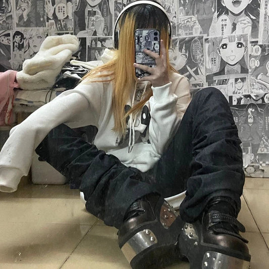 Goth Lolita Black Pants Casual Flare Stacked Jeans Women Stretchy High Waist Trousers 2000s Y2K Grunge Emo Streetwear