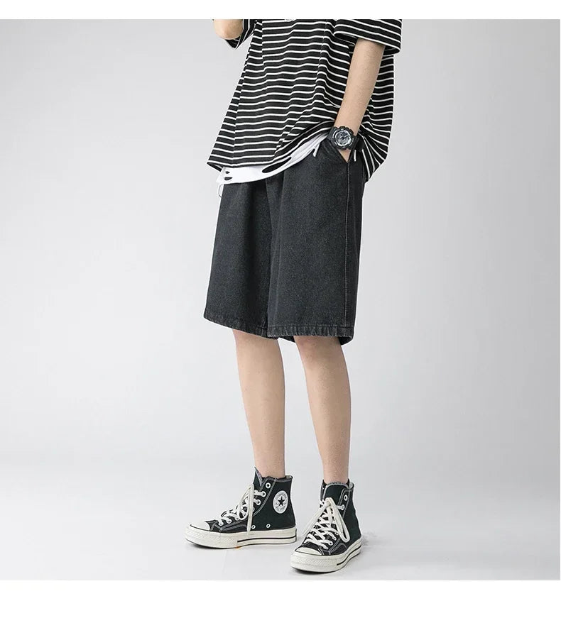 Wide Baggy Denim Shorts Men Summer Thin Solid Color Casual Loose Knee-length Pants Male Jeans Shorts Streetwear