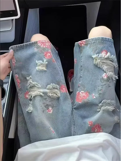 American Streetwear Washed Ripped Straight Jorts Men's Summer Floral Graphic Print Baggy Denim Shorts Hip Hop Fashion Short Jean