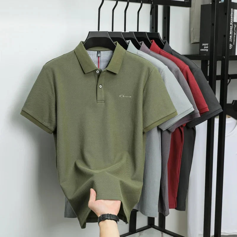 Brand 100%pure cotton short sleeve polo shirt men's new fashion letter embossed business casual solid color summer lapel T-shirt
