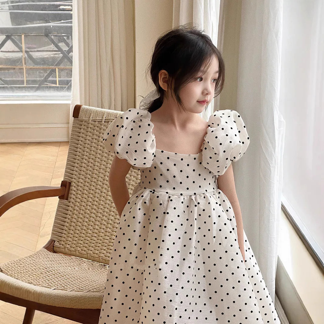 Girls Polka Dot Party Dress Summer Bubble Sleeves Princess Gown Understated Elegance Korean Japanese Style 2-7 Years