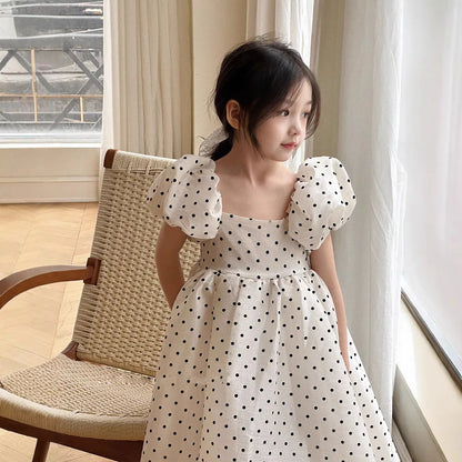Girls Polka Dot Party Dress Summer Bubble Sleeves Princess Gown Understated Elegance Korean Japanese Style 2-7 Years