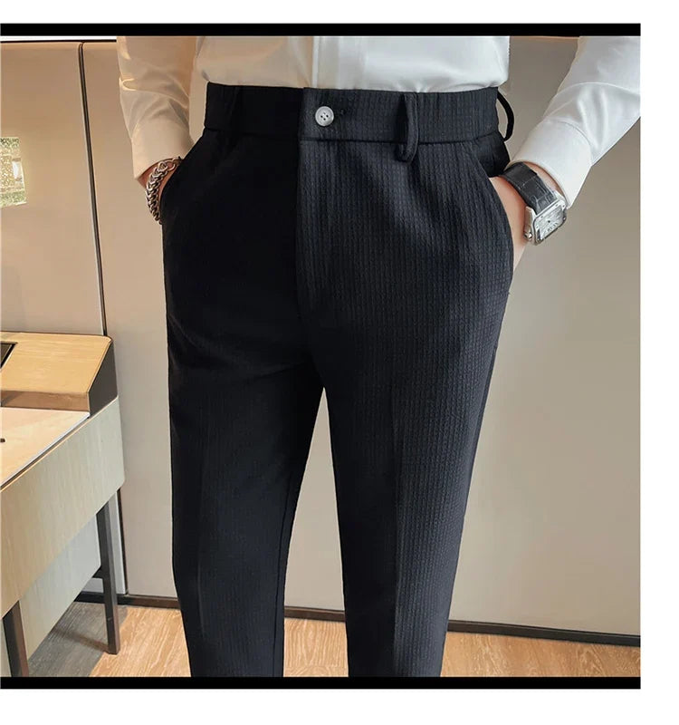 Men's Waffle Casual Pants Fashion Korean Stretch Waist Business Formal Pants Mens Social Party Suit Pants Streetwear Pencil Pant