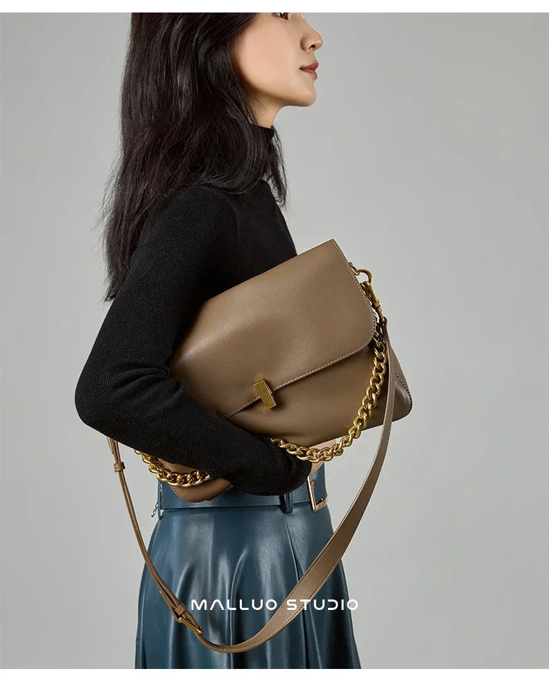 New Genuine Cow Leather Shoulder Chain Bag For Women Large Capacity Crossbody Handbag Messenger Tote Bag Luxury Designer